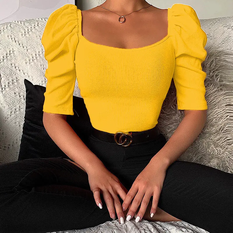 Women White Square Collar Puff Sleeve Top with Blue Jeans - Image 3