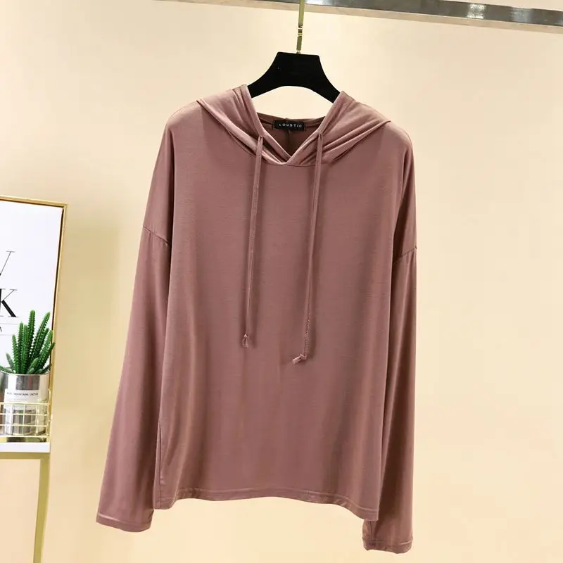 Women's Light Pink Hooded Sweatshirt Long Sleeve