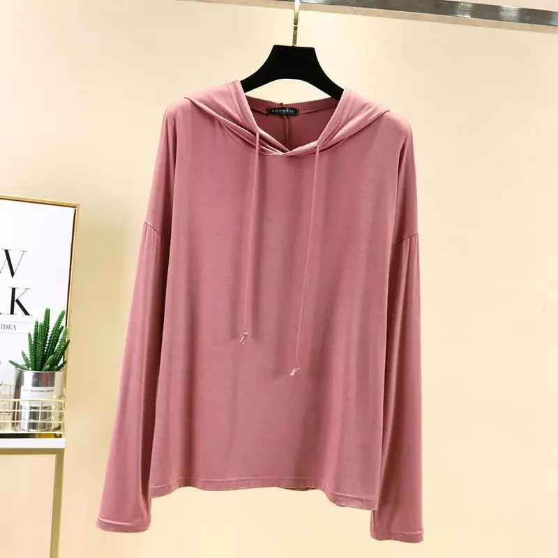 Women's Light Pink Hooded Sweatshirt Long Sleeve