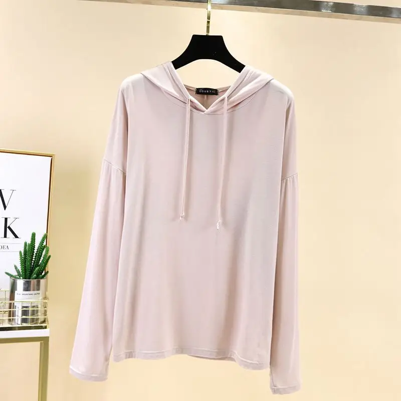 Women's Light Pink Hooded Sweatshirt Long Sleeve