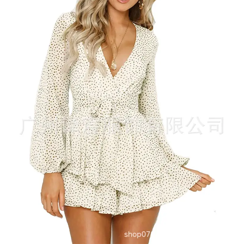 Women Printed Lace-Up Jumpsuit Dress Blue White