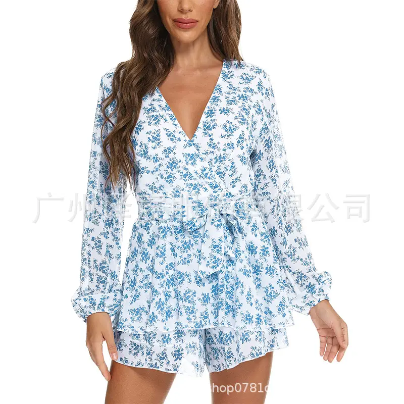 Women Printed Lace-Up Jumpsuit Dress Blue White