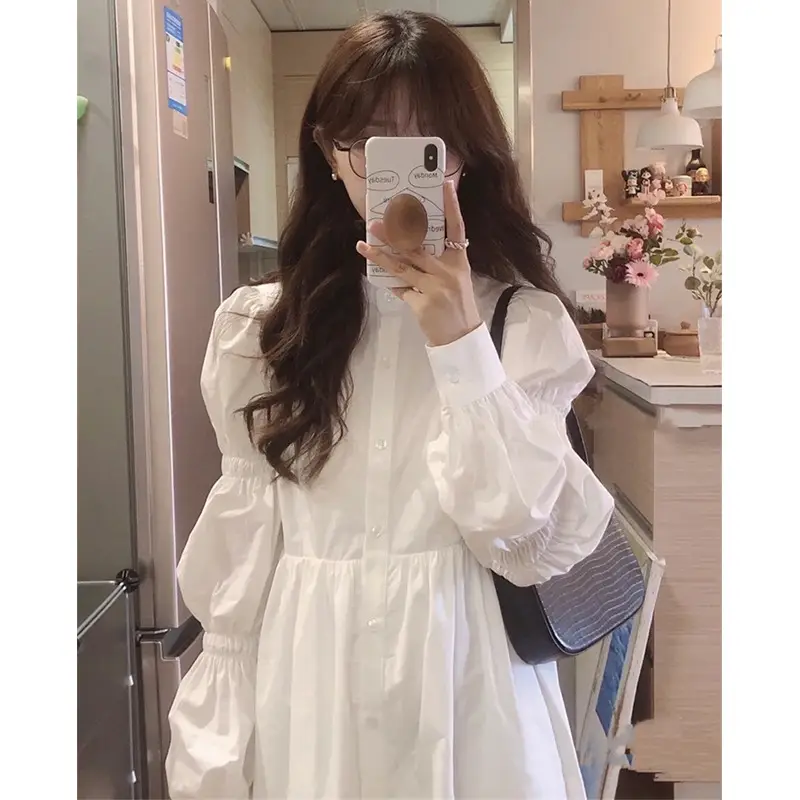 Gentle White Long Sleeve A-Style Dress for Women - Image 2