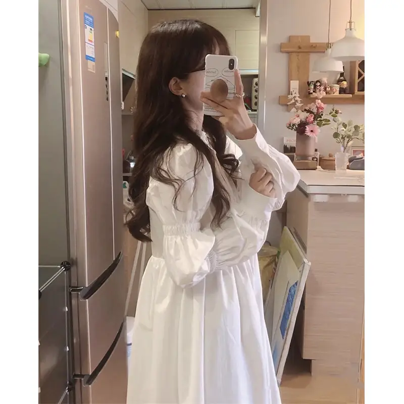Gentle White Long Sleeve A-Style Dress for Women - Image 3