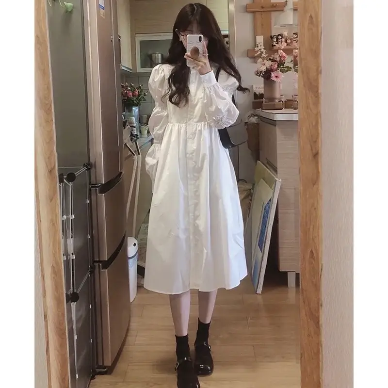 Gentle White Long Sleeve A-Style Dress for Women - Image 4