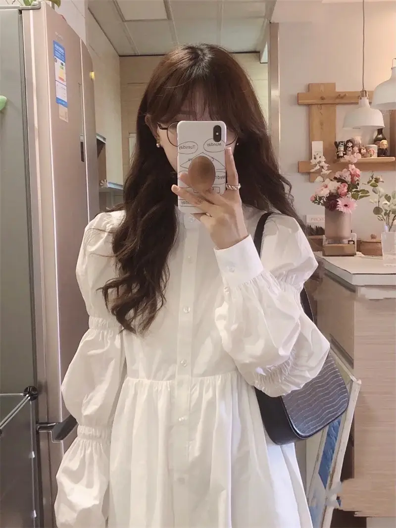 Gentle White Long Sleeve A-Style Dress for Women — feature 1