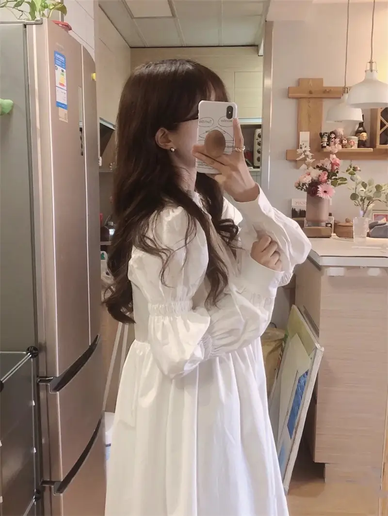Gentle White Long Sleeve A-Style Dress for Women — feature 2