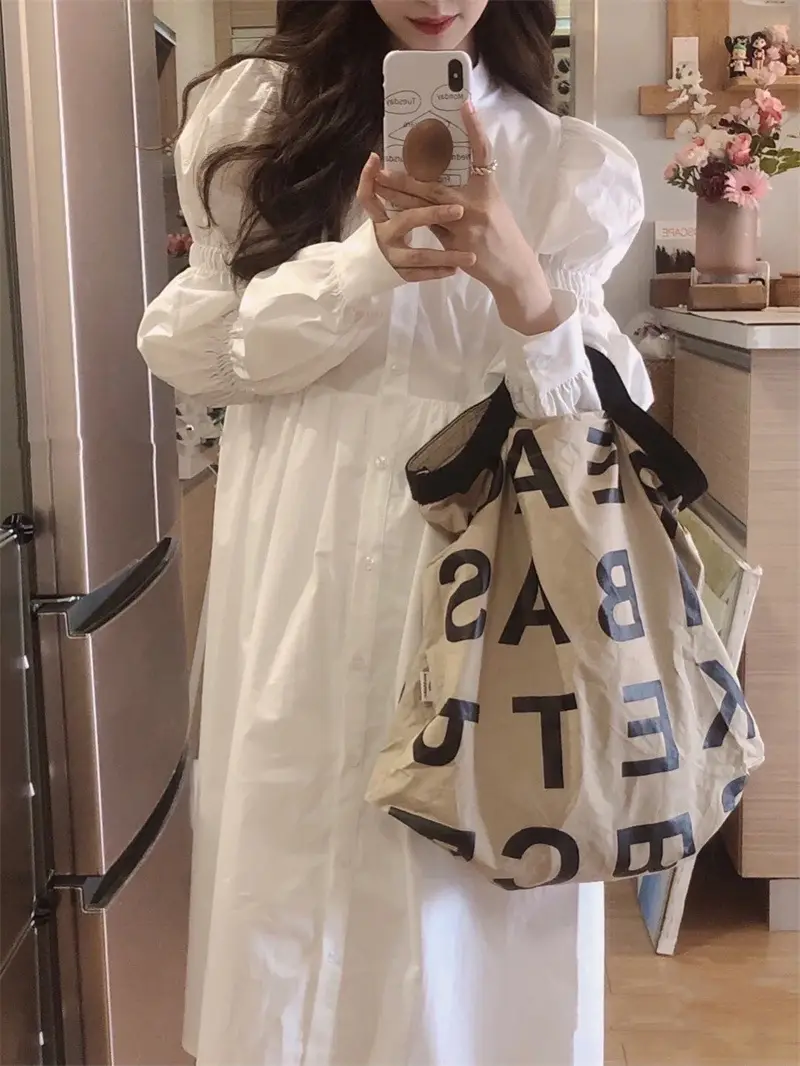 Gentle White Long Sleeve A-Style Dress for Women — feature 3