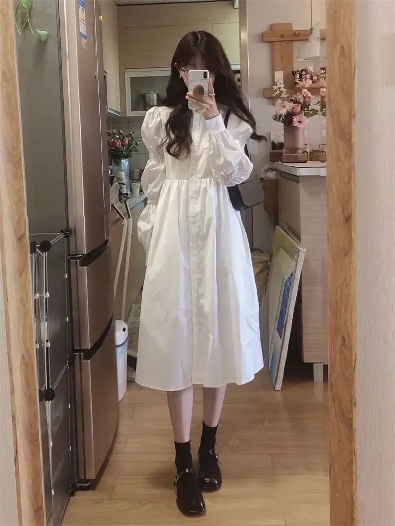 Gentle White Long Sleeve A-Style Dress for Women — feature 4