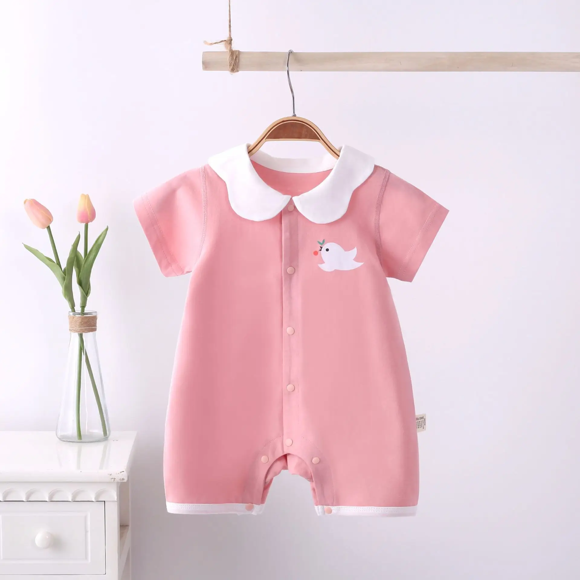 Baby Cotton Jumpsuit Set Pink White Short Sleeve Newborn - Image 2