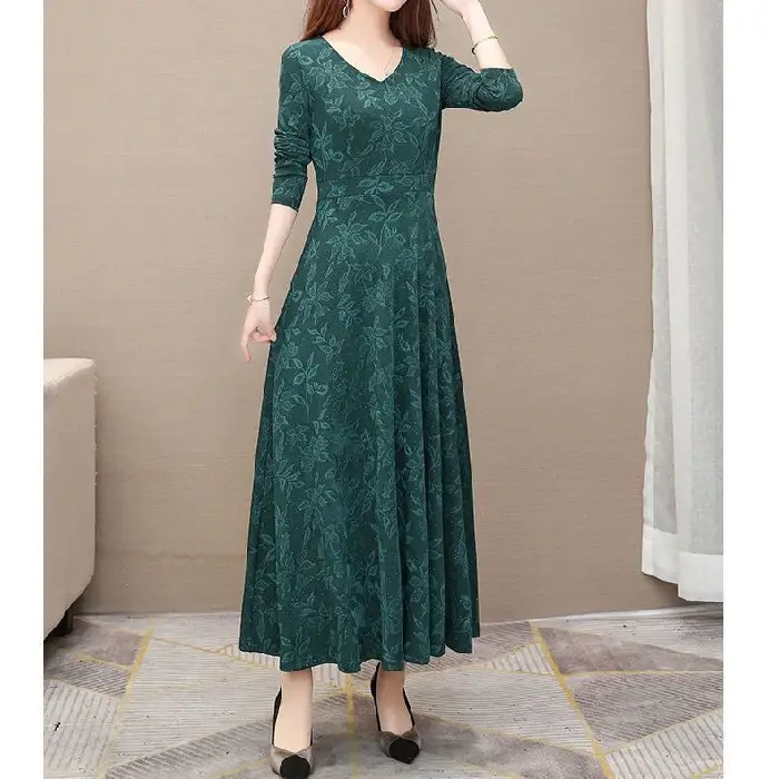 Elegant Green Long Sleeve V-Neck Dress for Women - Image 2