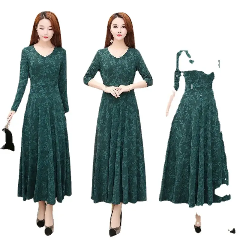 Elegant Green Long Sleeve V-Neck Dress for Women - Image 5