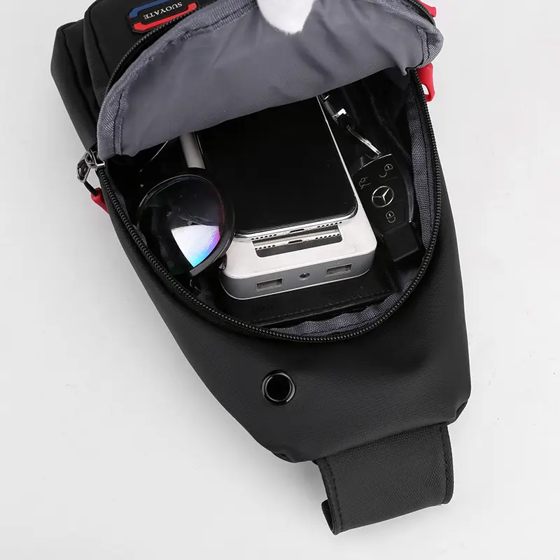 Men Navy Blue Oxford Crossbody Bag with Red Zippers - Image 7