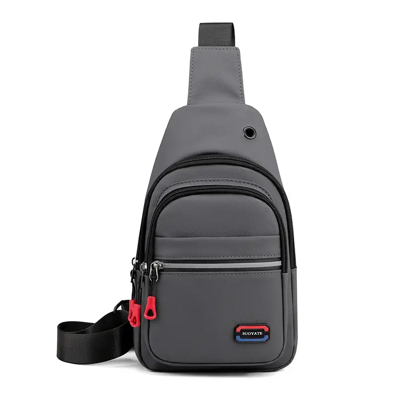 Men Navy Blue Oxford Crossbody Bag with Red Zippers - Image 2