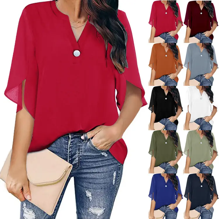 2024 Women's White Chiffon Short Sleeve V Neck Shirt - Image 9