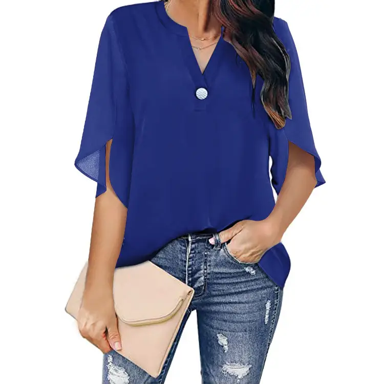 2024 Women's White Chiffon Short Sleeve V Neck Shirt - Image 3