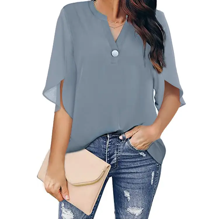 2024 Women's White Chiffon Short Sleeve V Neck Shirt - Image 10