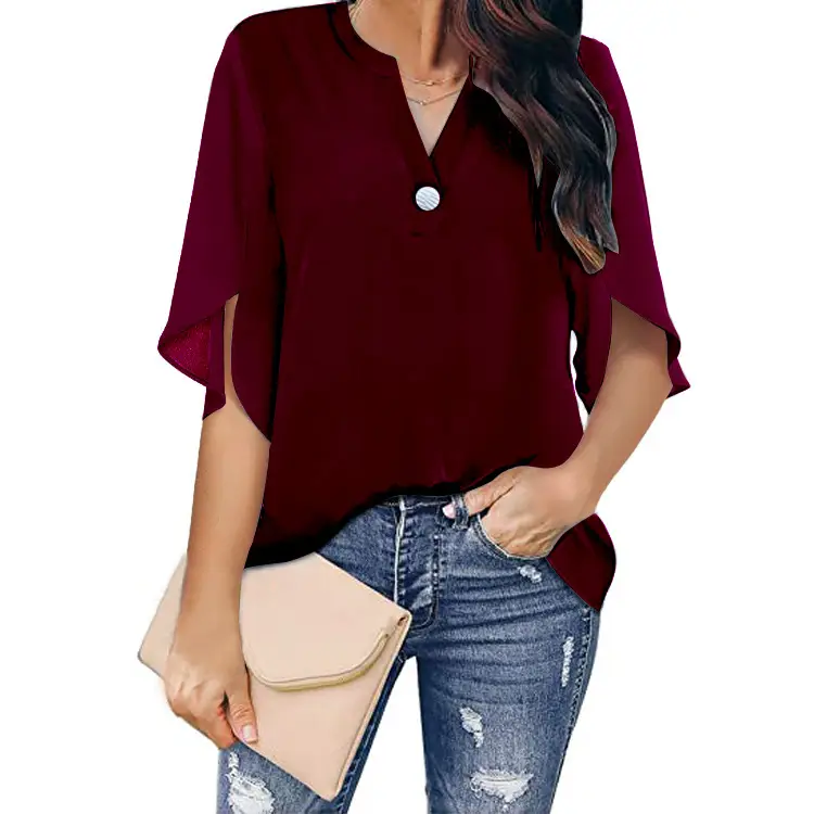 2024 Women's White Chiffon Short Sleeve V Neck Shirt - Image 5