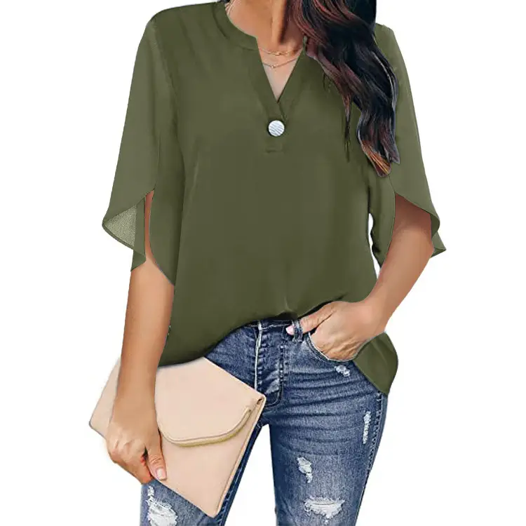 2024 Women's White Chiffon Short Sleeve V Neck Shirt - Image 7