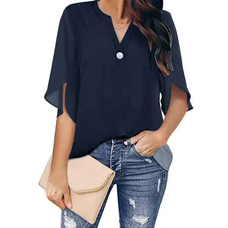 2024 Women's White Chiffon Short Sleeve V Neck Shirt - Image 8