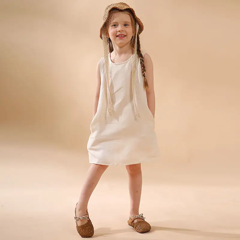 Girls Linen Cotton Vest Dress Spring Summer New Casual Kidsren's Wear Round Neck Sleeveless Pure Color A-Line Skirt - Image 7