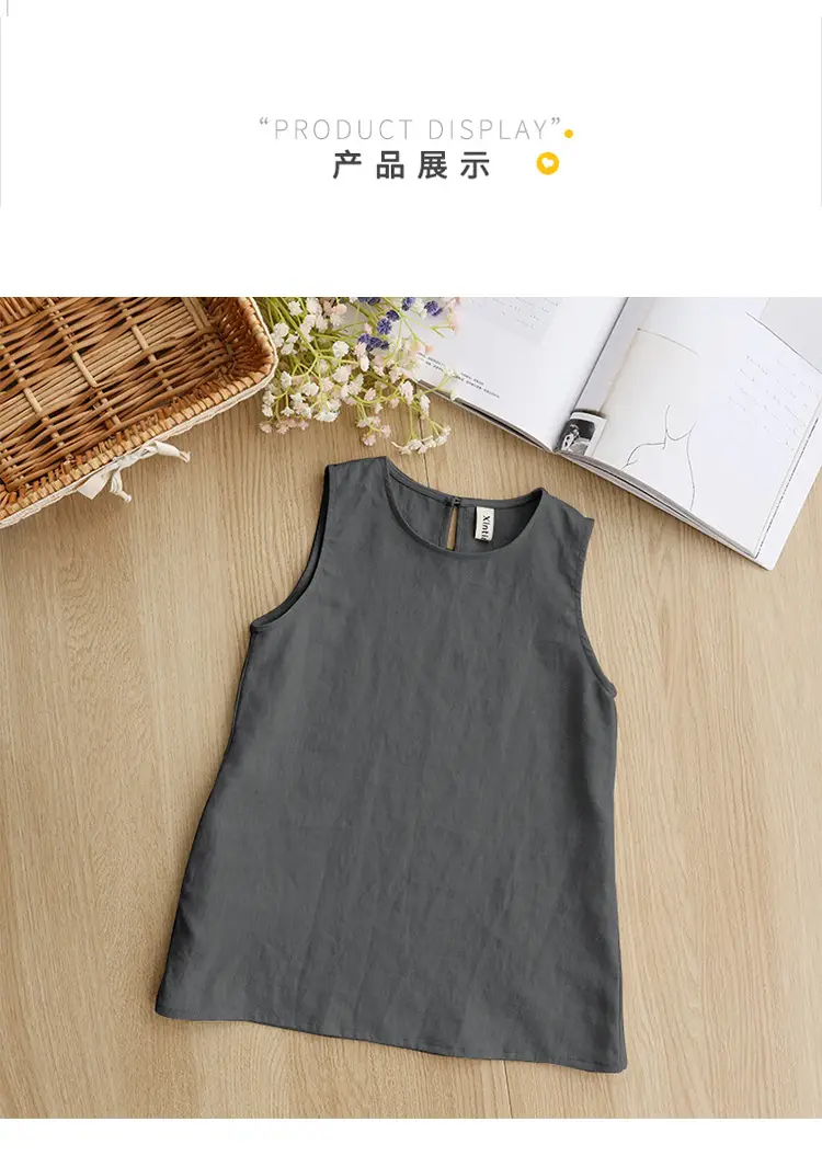 Girls Linen Cotton Vest Dress Spring Summer New Casual Kidsren's Wear Round Neck Sleeveless Pure Color A-Line Skirt — feature 10