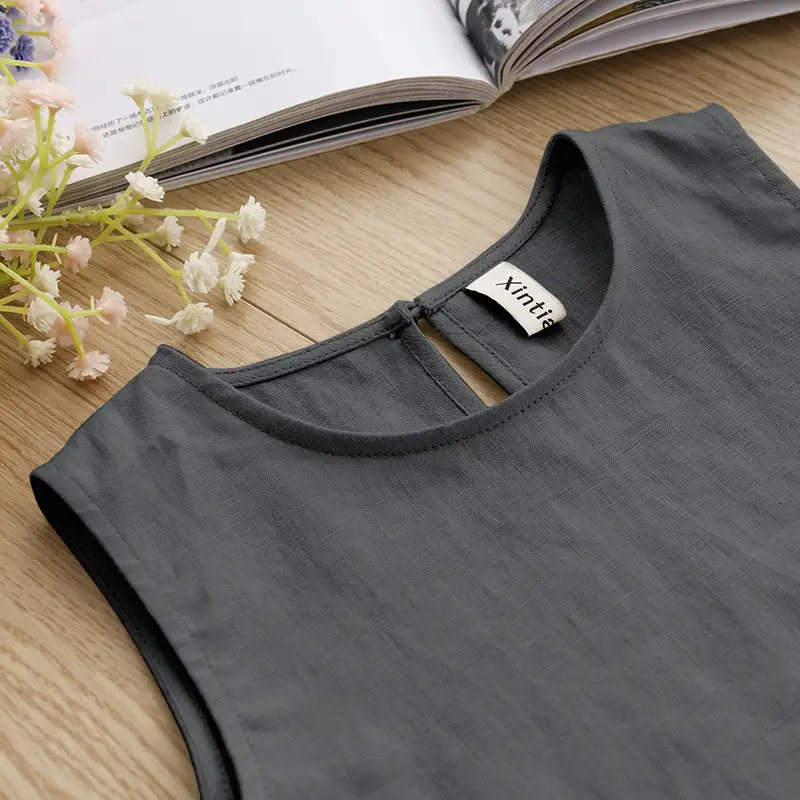 Girls Linen Cotton Vest Dress Spring Summer New Casual Kidsren's Wear Round Neck Sleeveless Pure Color A-Line Skirt — feature 11