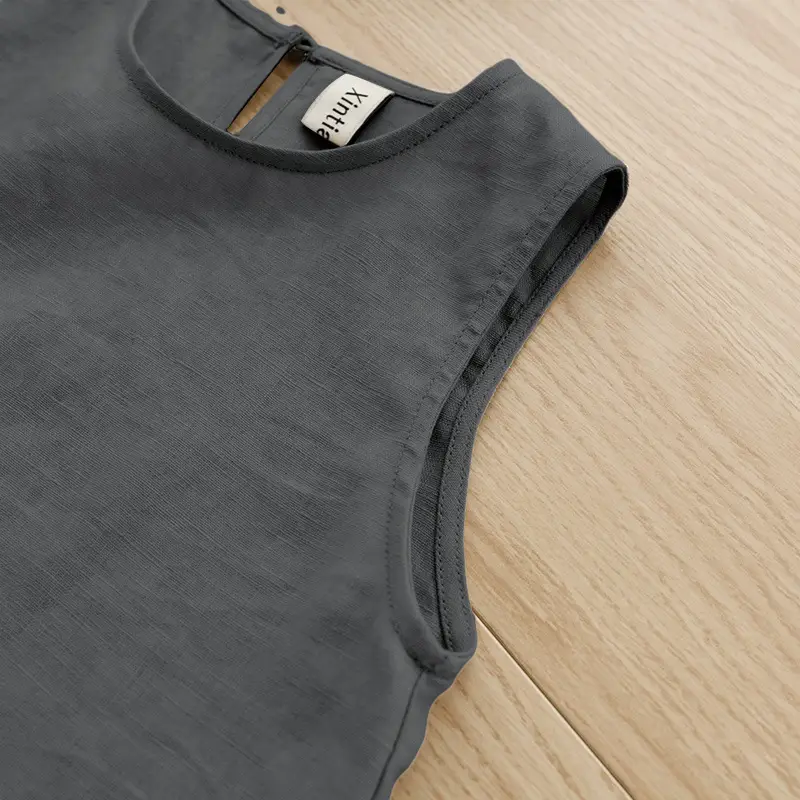 Girls Linen Cotton Vest Dress Spring Summer New Casual Kidsren's Wear Round Neck Sleeveless Pure Color A-Line Skirt — feature 13