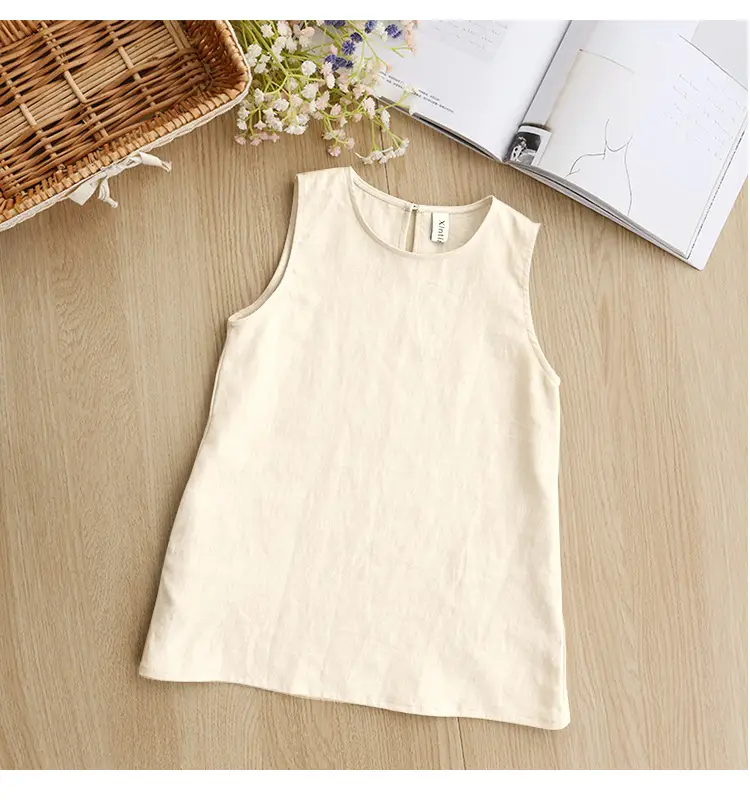 Girls Linen Cotton Vest Dress Spring Summer New Casual Kidsren's Wear Round Neck Sleeveless Pure Color A-Line Skirt — feature 19
