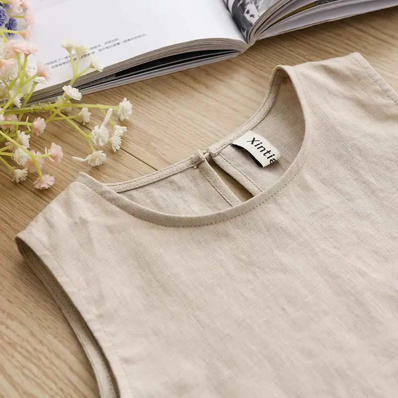 Girls Linen Cotton Vest Dress Spring Summer New Casual Kidsren's Wear Round Neck Sleeveless Pure Color A-Line Skirt — feature 20