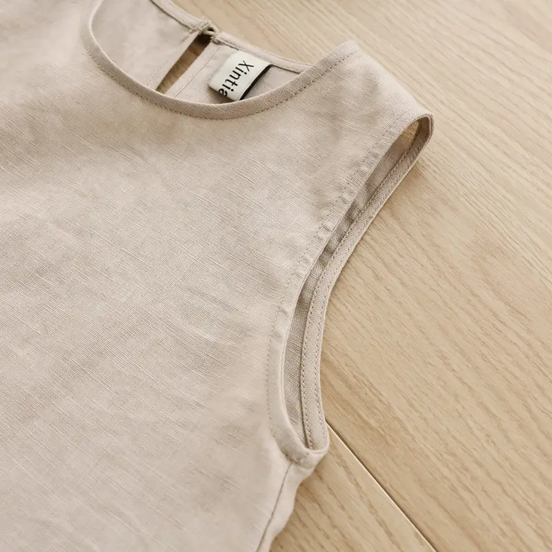 Girls Linen Cotton Vest Dress Spring Summer New Casual Kidsren's Wear Round Neck Sleeveless Pure Color A-Line Skirt — feature 21