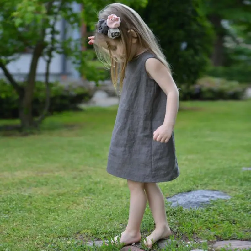 Girls Linen Cotton Vest Dress Spring Summer New Casual Kidsren's Wear Round Neck Sleeveless Pure Color A-Line Skirt — feature 3
