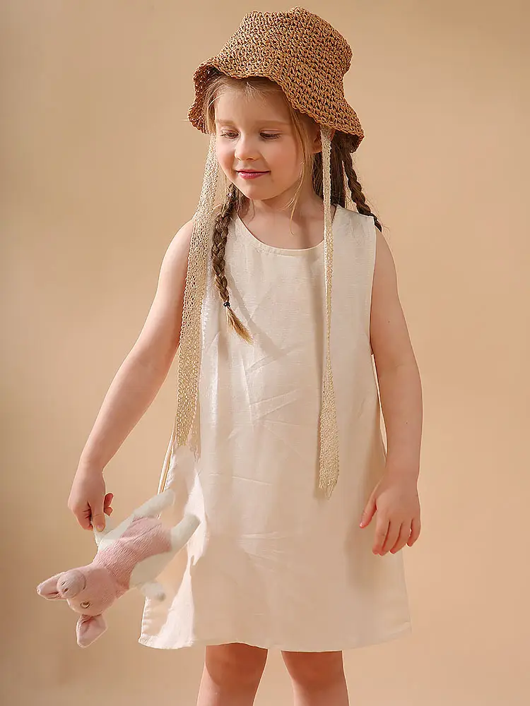 Girls Linen Cotton Vest Dress Spring Summer New Casual Kidsren's Wear Round Neck Sleeveless Pure Color A-Line Skirt — feature 4