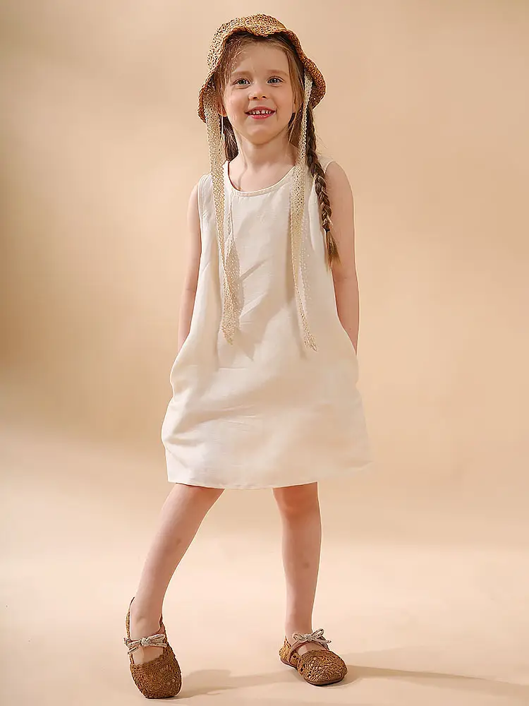Girls Linen Cotton Vest Dress Spring Summer New Casual Kidsren's Wear Round Neck Sleeveless Pure Color A-Line Skirt — feature 5