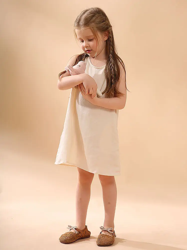 Girls Linen Cotton Vest Dress Spring Summer New Casual Kidsren's Wear Round Neck Sleeveless Pure Color A-Line Skirt — feature 7