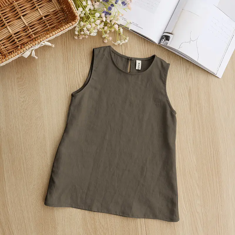 Girls Linen Cotton Vest Dress Spring Summer New Casual Kidsren's Wear Round Neck Sleeveless Pure Color A-Line Skirt - Image 2