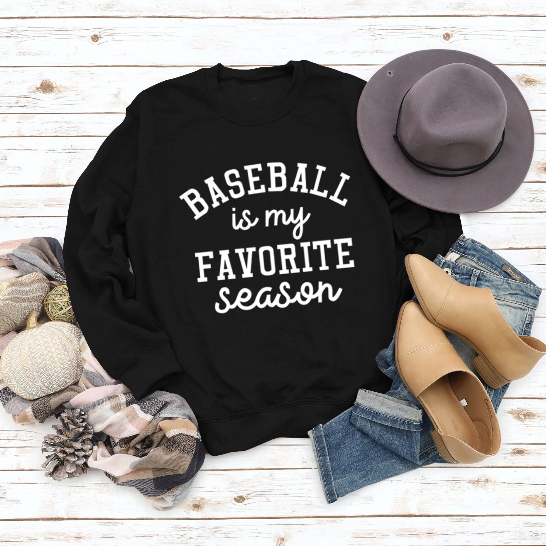 Baseball My Favorite Season Round Neck Long Sleeve Sweater