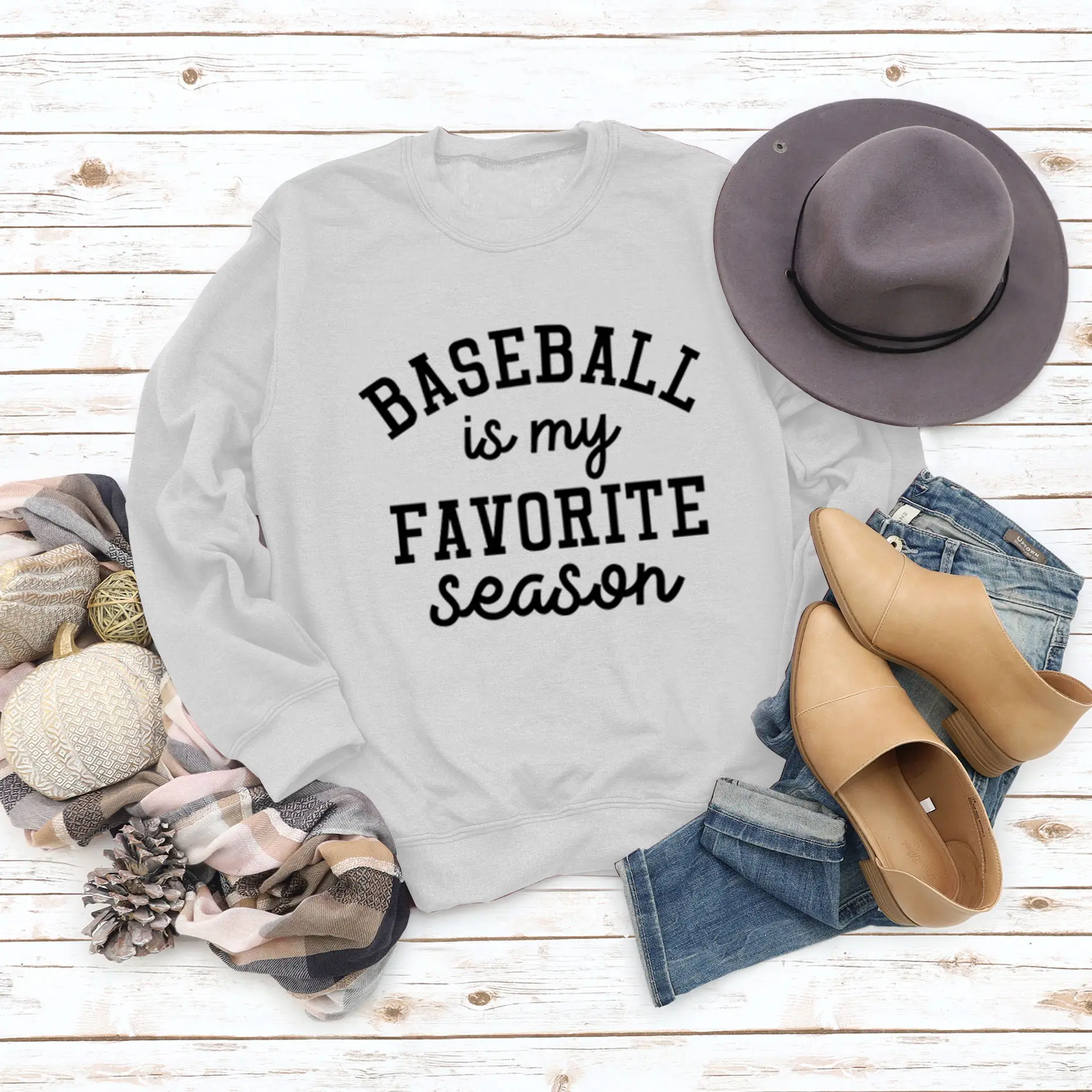 Baseball My Favorite Season Round Neck Long Sleeve Sweater