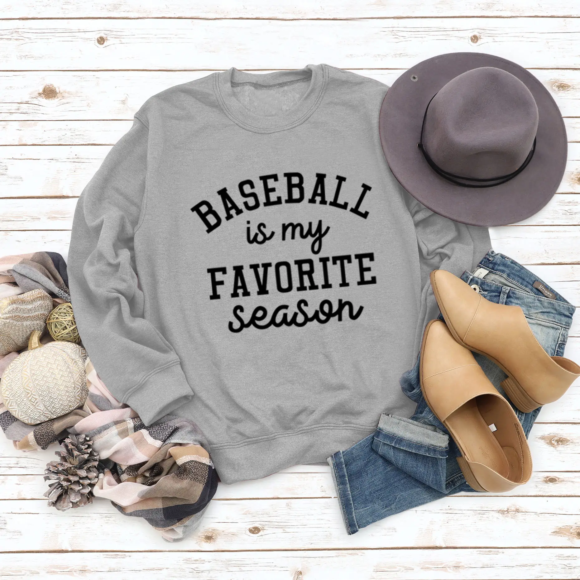 Baseball My Favorite Season Round Neck Long Sleeve Sweater