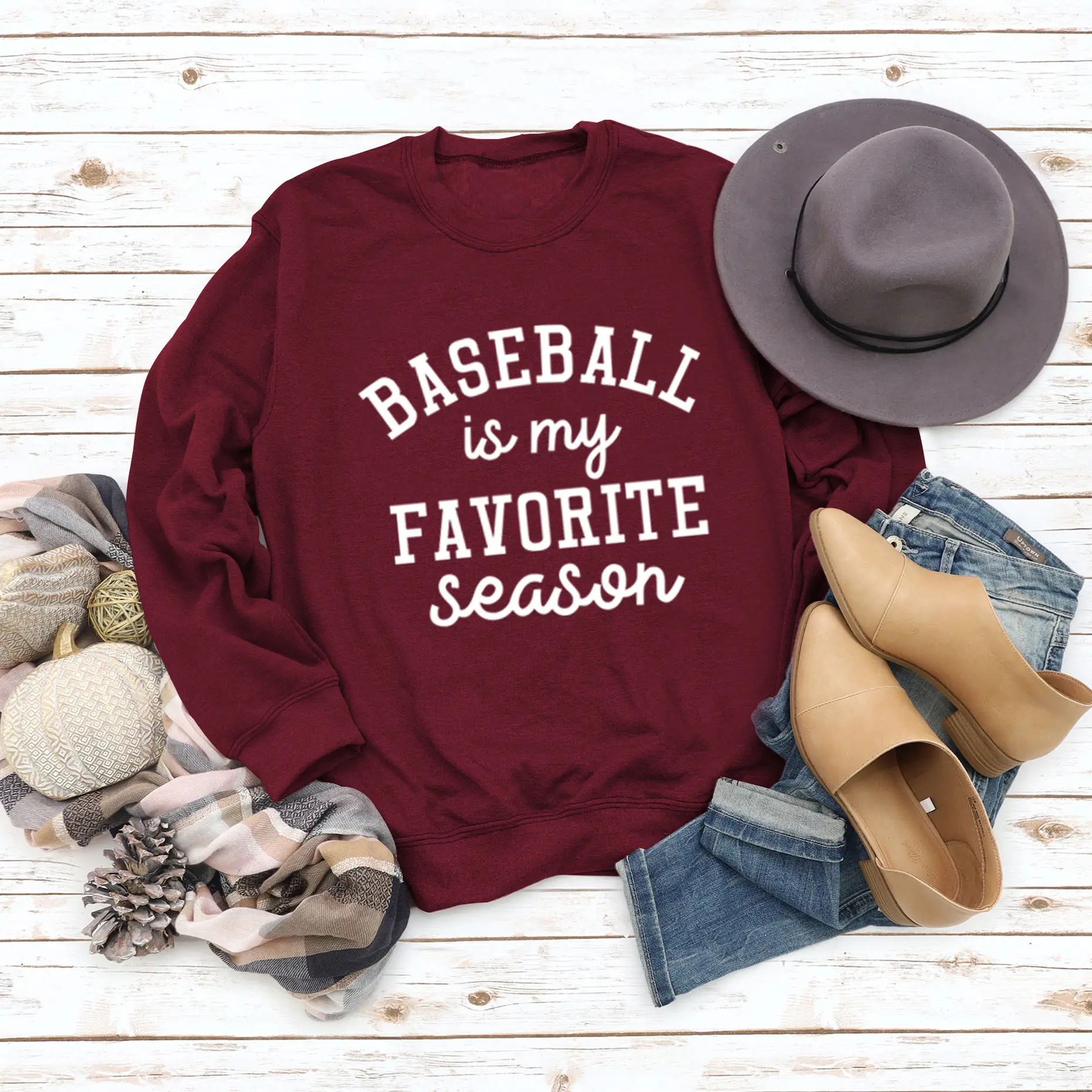 Baseball My Favorite Season Round Neck Long Sleeve Sweater