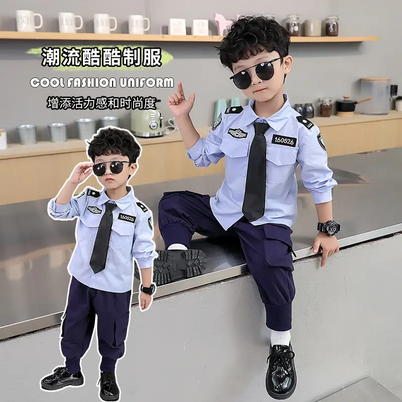 Children Police Uniform Light Blue Shirt Dark Pants Set - Image 2