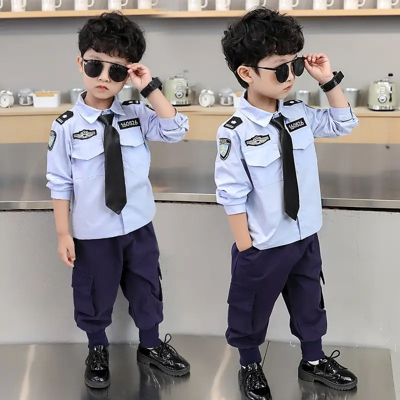 Children Police Uniform Light Blue Shirt Dark Pants Set - Image 3