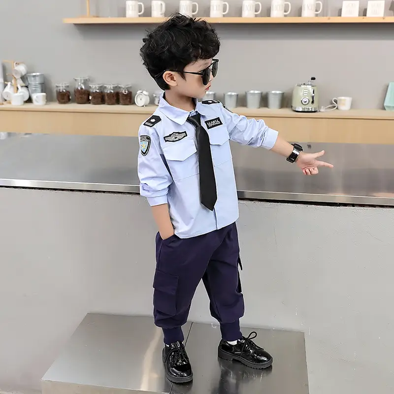 Children Police Uniform Light Blue Shirt Dark Pants Set - Image 4