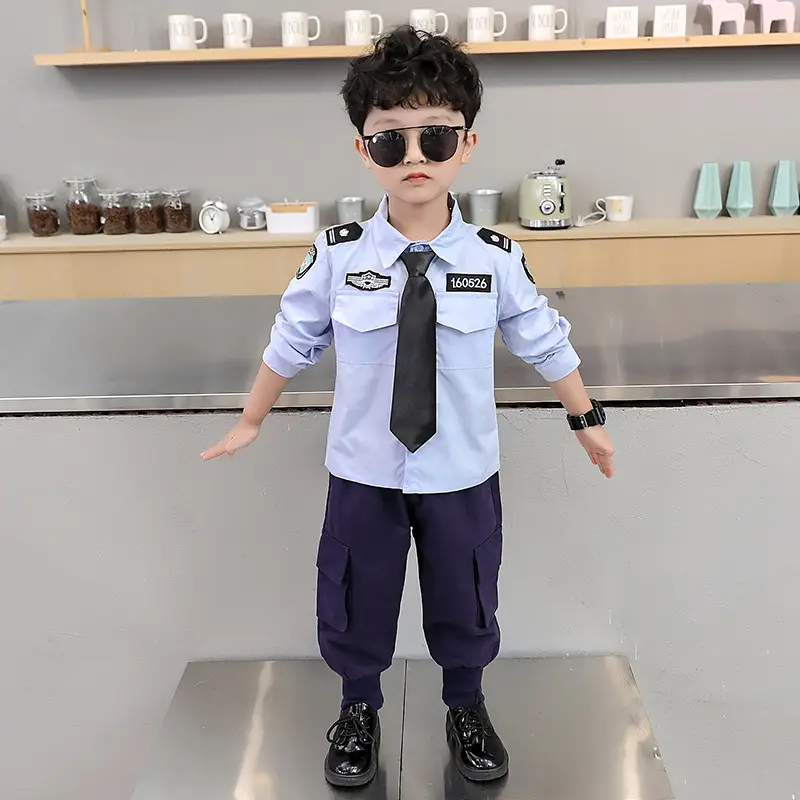 Children Police Uniform Light Blue Shirt Dark Pants Set - Image 5