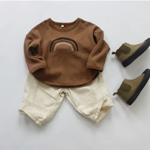 2026 Spring Kids Waffle T-Shirt Brown White Loose Round Neck - Image 5