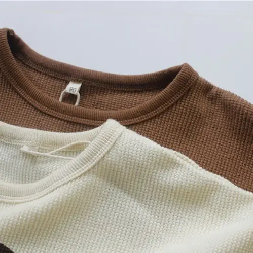 2026 Spring Kids Waffle T-Shirt Brown White Loose Round Neck - Image 6
