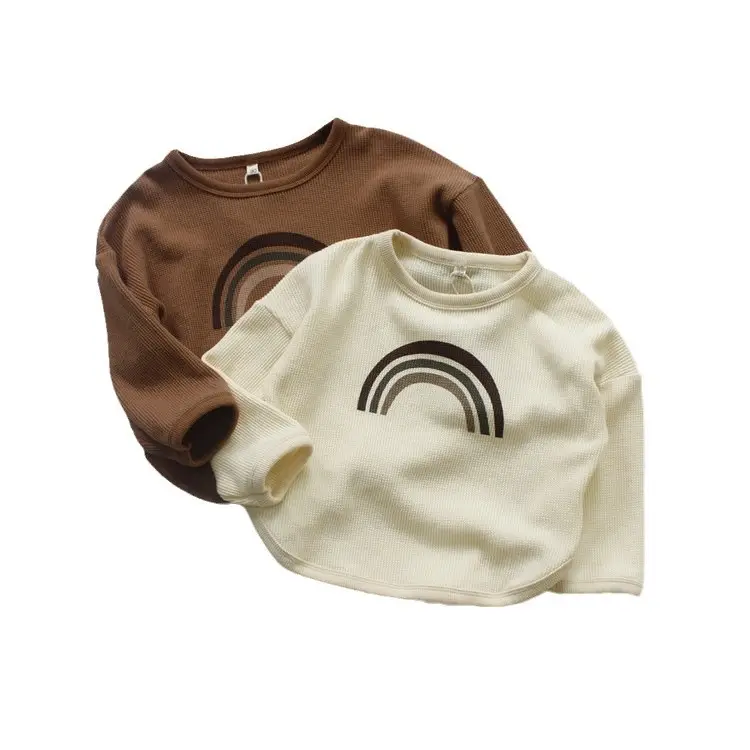 2026 Spring Kids Waffle T-Shirt Brown White Loose Round Neck - Image 7