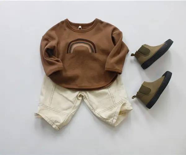 2026 Spring Kids Waffle T-Shirt Brown White Loose Round Neck — feature 11