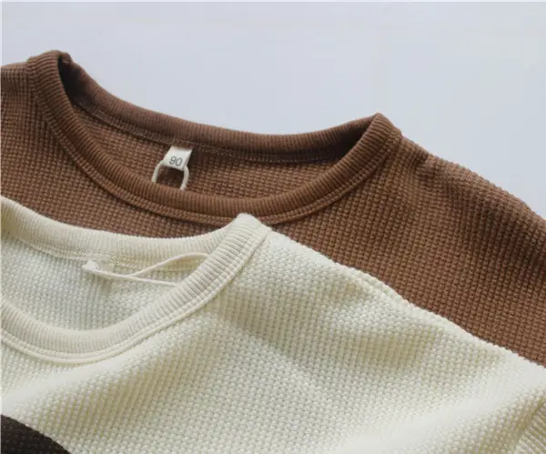2026 Spring Kids Waffle T-Shirt Brown White Loose Round Neck — feature 12