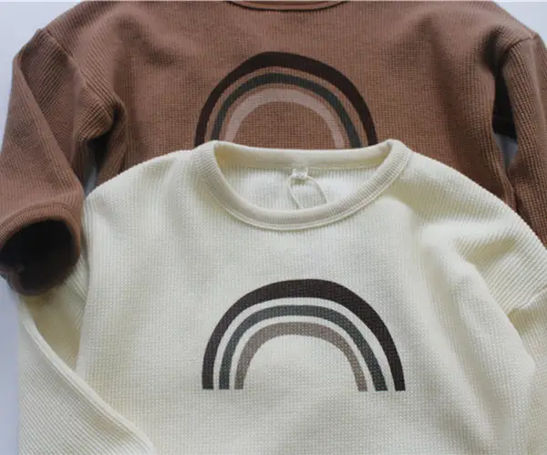 2026 Spring Kids Waffle T-Shirt Brown White Loose Round Neck — feature 14